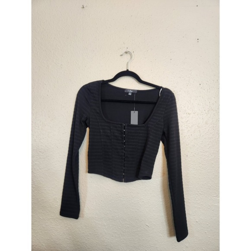 Lulus Women's Black Ribbed Knit Square Neck Long Sleeve Crop Blouse Sz Small NWT
